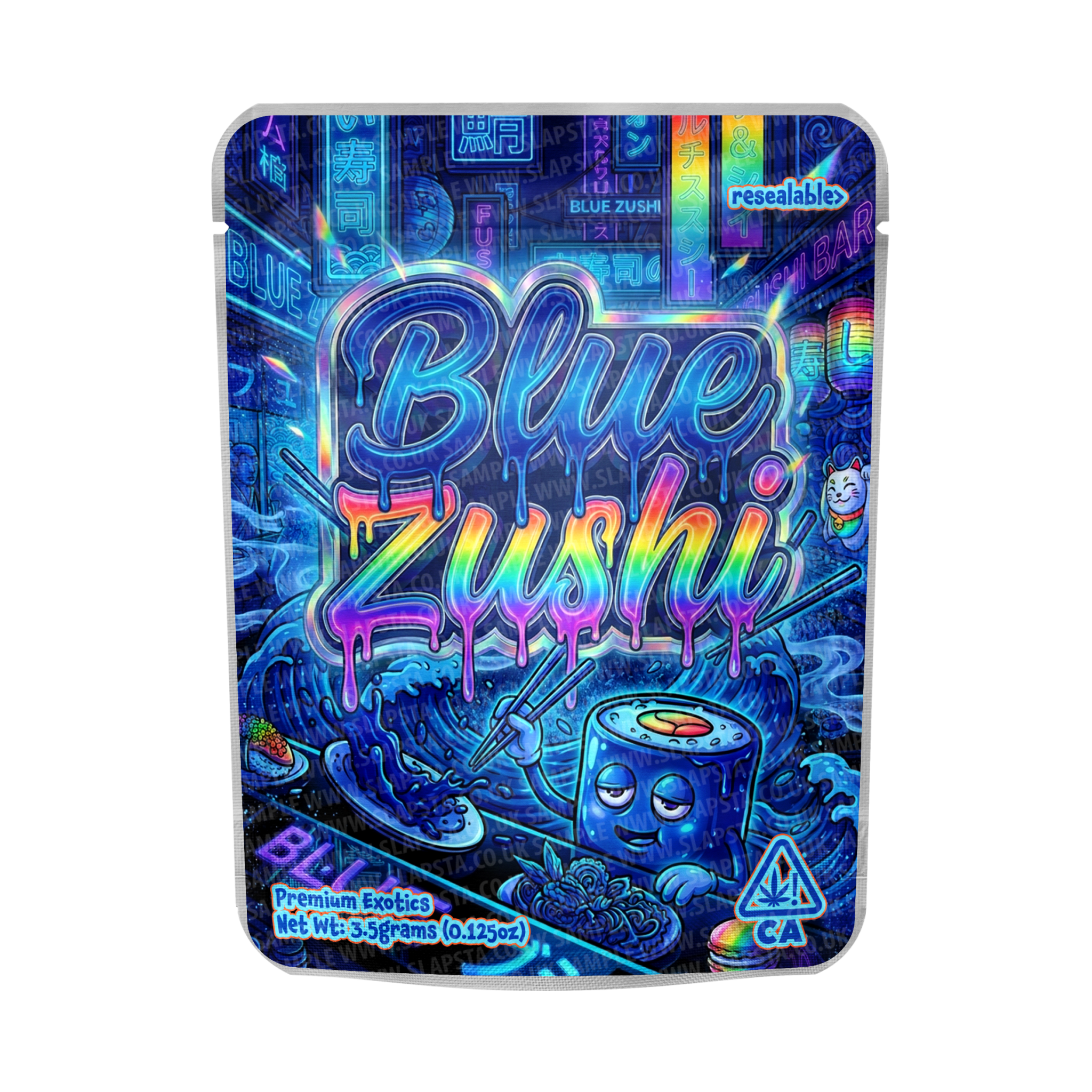 SLAPSTA - Blue Zushi Mylar Pouches Pre-Labeled SLAPSTA - Blue Zushi Mylar Pouches Pre-Labeled