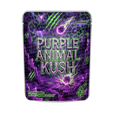 Purple Animal Kush Mylar Pouches Pre - Labeled - 3.5g (1/8oz)