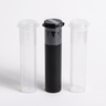 Small tamper-evident shrink bands sealed over the caps of clear and black 73mm vape and pre-roll pop-top tubes