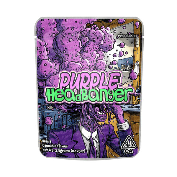 Purple Headbanger Mylar Pouches Pre-Labeled - 3.5g (1/8oz) / No / 16pcs